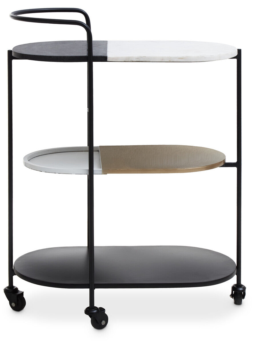 3 Tier White and Black Marble Top Trolley with Metal Frame, Corra
