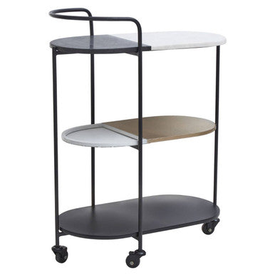 3 Tier White and Black Marble Top Trolley with Metal Frame, Corra