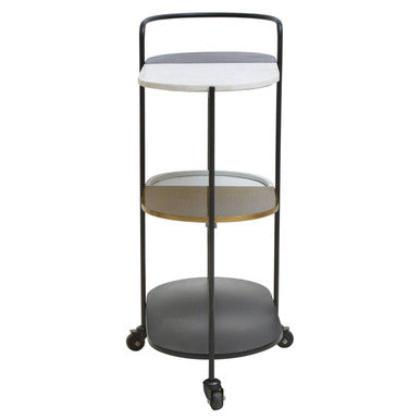 3 Tier White and Black Marble Top Trolley with Metal Frame, Corra