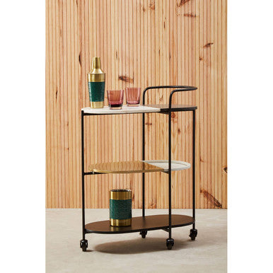 3 Tier White and Black Marble Top Trolley with Metal Frame, Corra