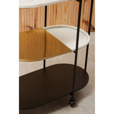 3 Tier White and Black Marble Top Trolley with Metal Frame, Corra