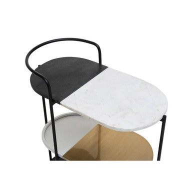 3 Tier White and Black Marble Top Trolley with Metal Frame, Corra