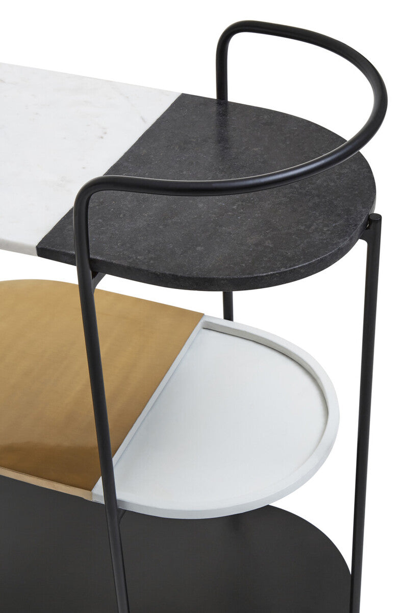 3 Tier White and Black Marble Top Trolley with Metal Frame, Corra