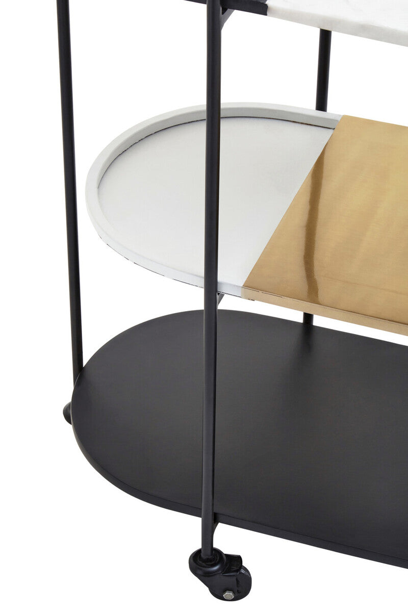 3 Tier White and Black Marble Top Trolley with Metal Frame, Corra