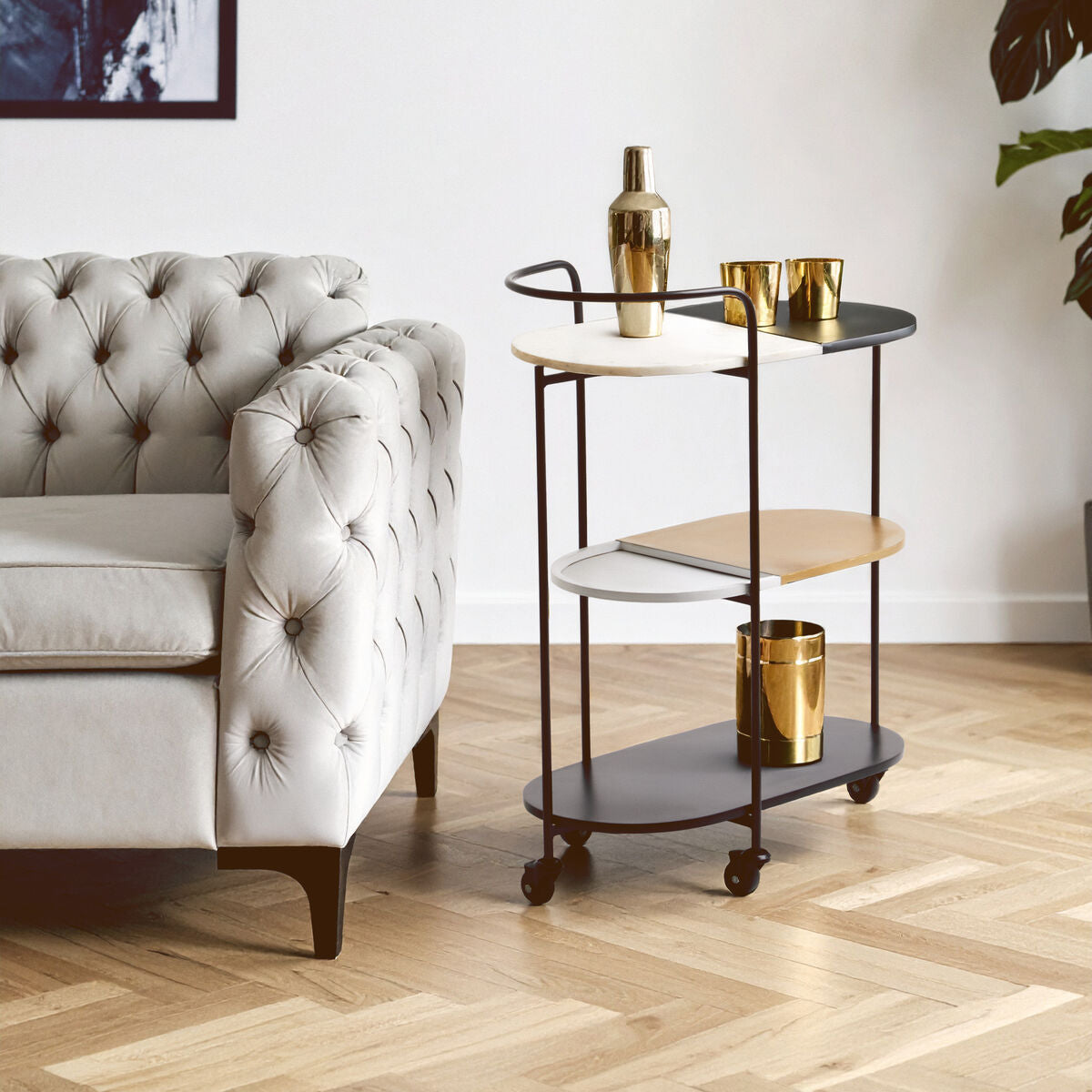 3 Tier White and Black Marble Top Trolley with Metal Frame, Corra