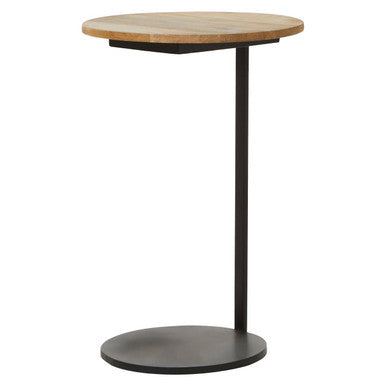 Natural Round Wooden Top C-Shaped Side Table Black Metal Base, Corra