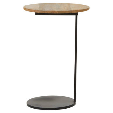 Natural Round Wooden Top C-Shaped Side Table Black Metal Base | Corra