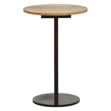 Natural Round Wooden Top C-Shaped Side Table Black Metal Base | Corra