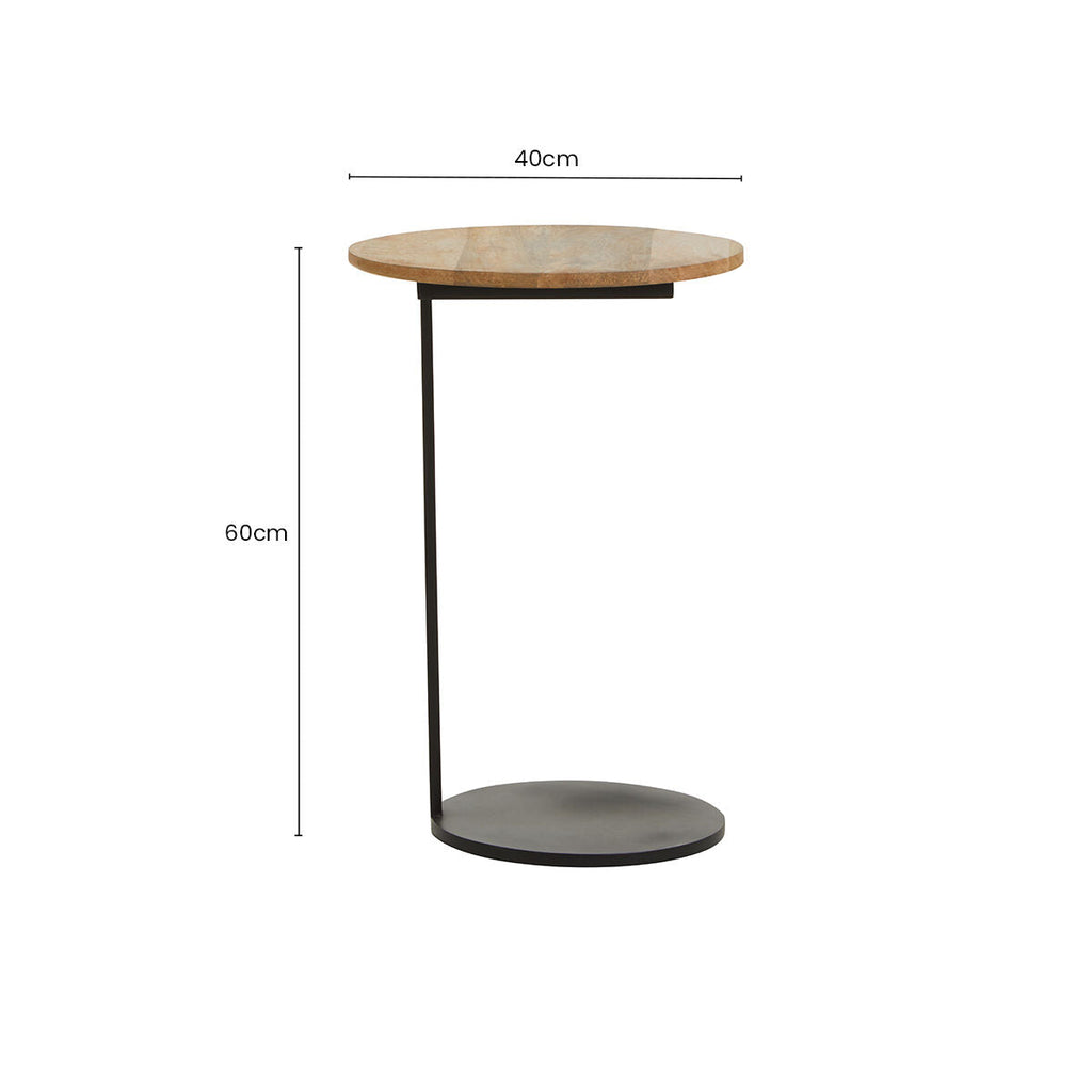 Natural Round Wooden Top C-Shaped Side Table Black Metal Base | Corra