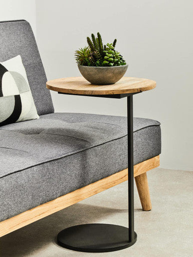 Natural Round Wooden Top C-Shaped Side Table Black Metal Base | Corra