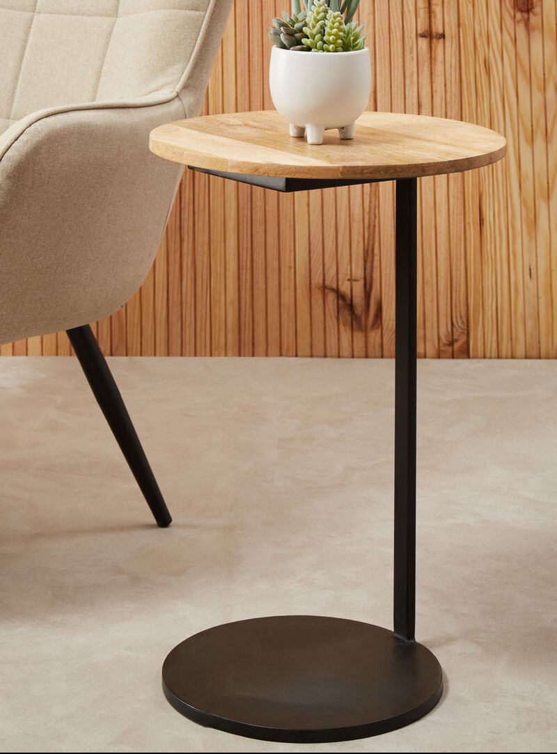 Natural Round Wooden Top C-Shaped Side Table Black Metal Base, Corra