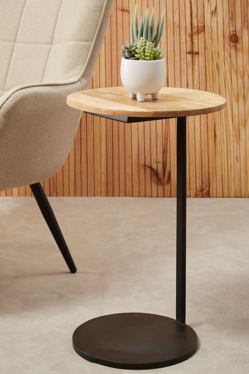 Natural Round Wooden Top C-Shaped Side Table Black Metal Base | Corra