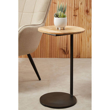 Natural Round Wooden Top C-Shaped Side Table Black Metal Base | Corra