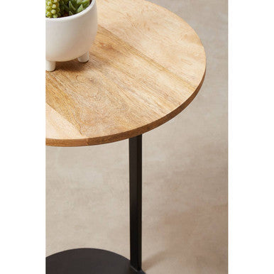 Natural Round Wooden Top C-Shaped Side Table Black Metal Base | Corra