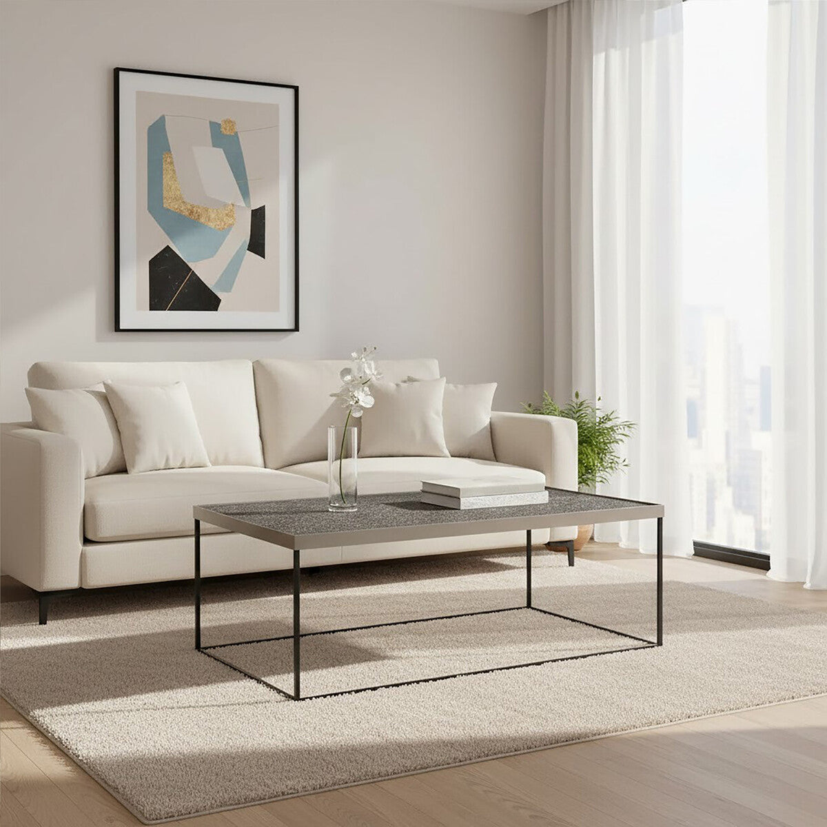 Silver Metal Rectangular Top Coffee Table with Black Interconnected Legs, Akola