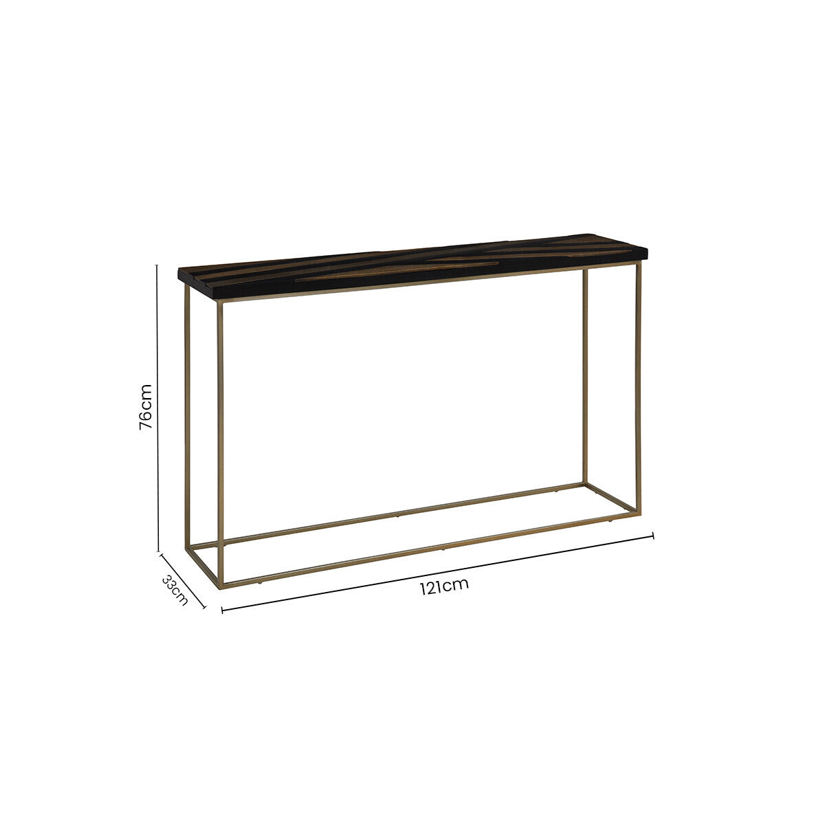 Black and Gold Striped Acacia wood Console Table with Interconnected Metal Legs, Aris
