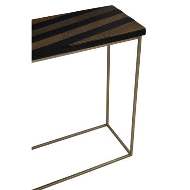 Black and Gold Striped Acacia wood Console Table with Interconnected Metal Legs, Aris
