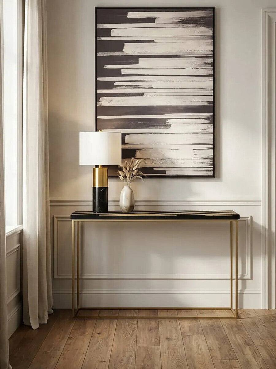 Black and Gold Striped Acacia wood Console Table with Interconnected Metal Legs, Aris