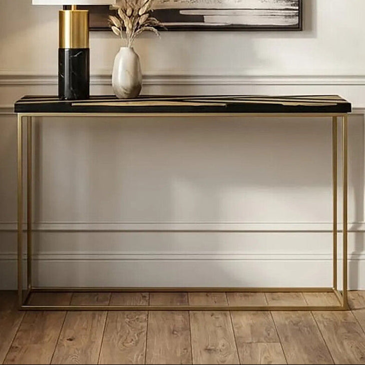 Black and Gold Striped Acacia wood Console Table with Interconnected Metal Legs, Aris