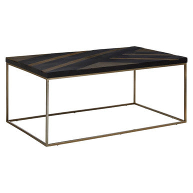 Black and Gold Striped Acacia wood Coffee Table with Interconnected Metal Legs, Aris
