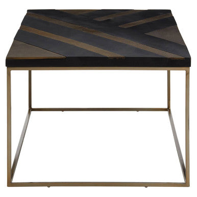 Black and Gold Striped Acacia wood Coffee Table with Interconnected Metal Legs, Aris