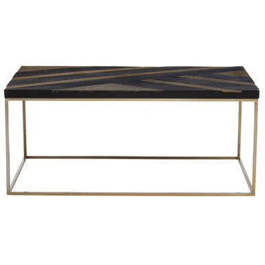 Black and Gold Striped Acacia wood Coffee Table with Interconnected Metal Legs, Aris