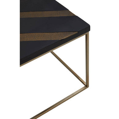 Black and Gold Striped Acacia wood Coffee Table with Interconnected Metal Legs, Aris