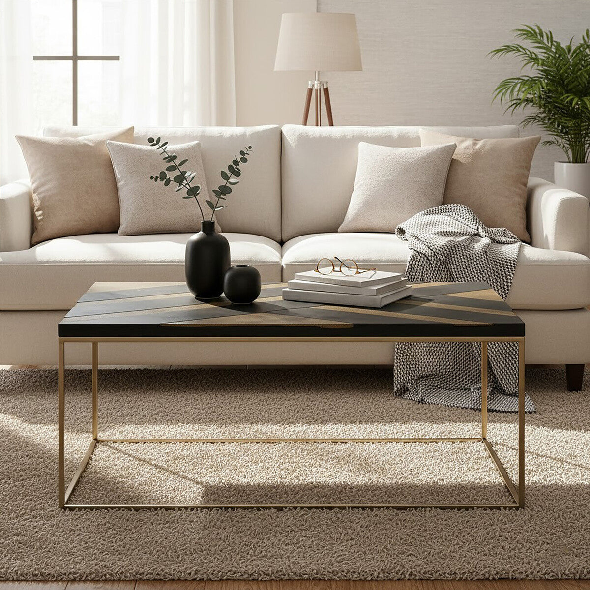 Black and Gold Striped Acacia wood Coffee Table with Interconnected Metal Legs, Aris