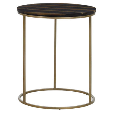 Black and Gold Striped Acacia wood Round Coffee Table with Interconnected Metal Legs, Aris