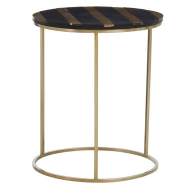 Black and Gold Striped Acacia wood Round Coffee Table with Interconnected Metal Legs, Aris