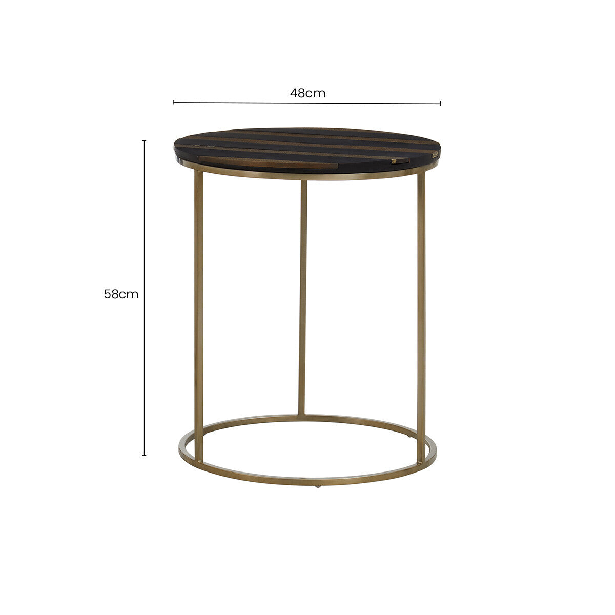 Black and Gold Striped Acacia wood Round Coffee Table with Interconnected Metal Legs, Aris