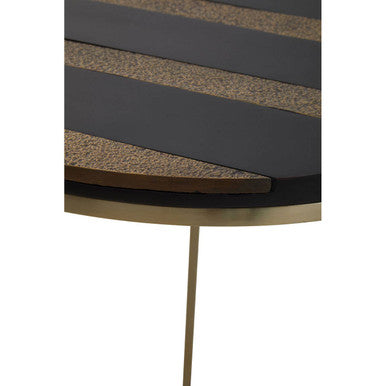 Black and Gold Striped Acacia wood Round Coffee Table with Interconnected Metal Legs, Aris