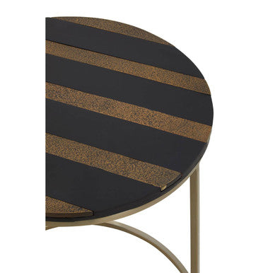 Black and Gold Striped Acacia wood Round Coffee Table with Interconnected Metal Legs, Aris