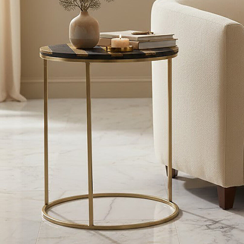Black and Gold Striped Acacia wood Round Coffee Table with Interconnected Metal Legs, Aris