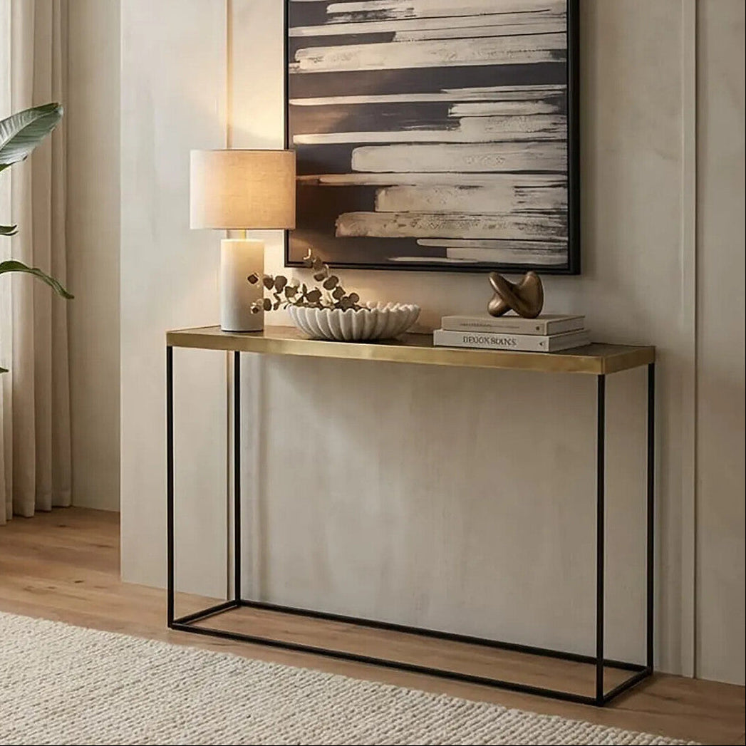 Gold Finish Console Table with Black Metal Frame, Akola