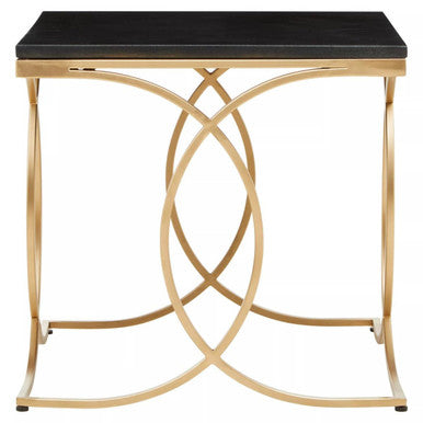 Black Marble Top Side Table with Gold Finish Interlocking Stainless Steel Frame, Kia