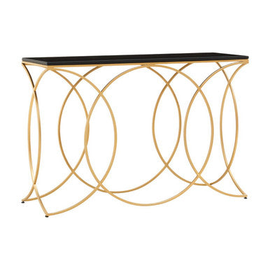 Black Marble Top Console Table with Curved Gold Finish Metal Frame, Kia