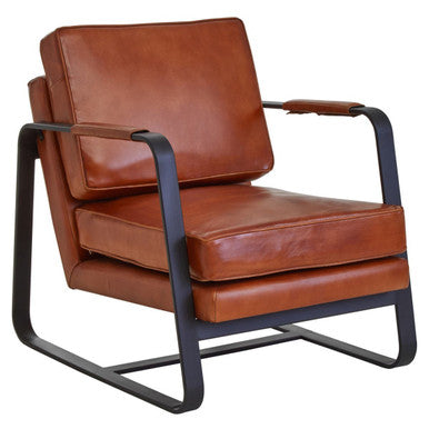 Buffalo Tan Leather Armchair with Curved Black Iron Frame