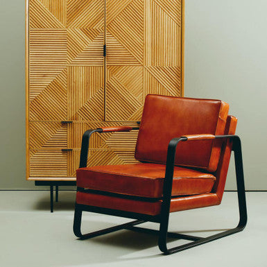 Buffalo Tan Leather Armchair with Curved Black Iron Frame