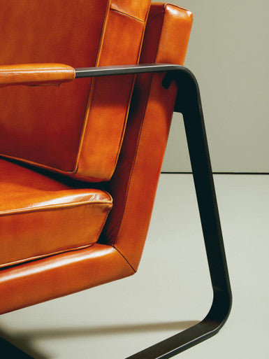 Buffalo Tan Leather Armchair with Curved Black Iron Frame