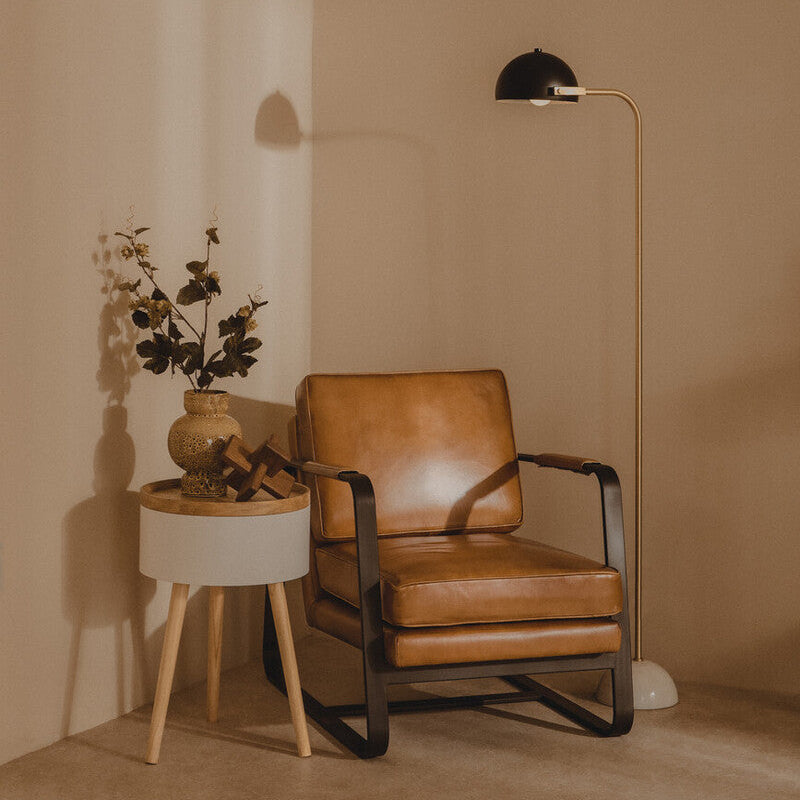 Buffalo Tan Leather Armchair with Curved Black Iron Frame