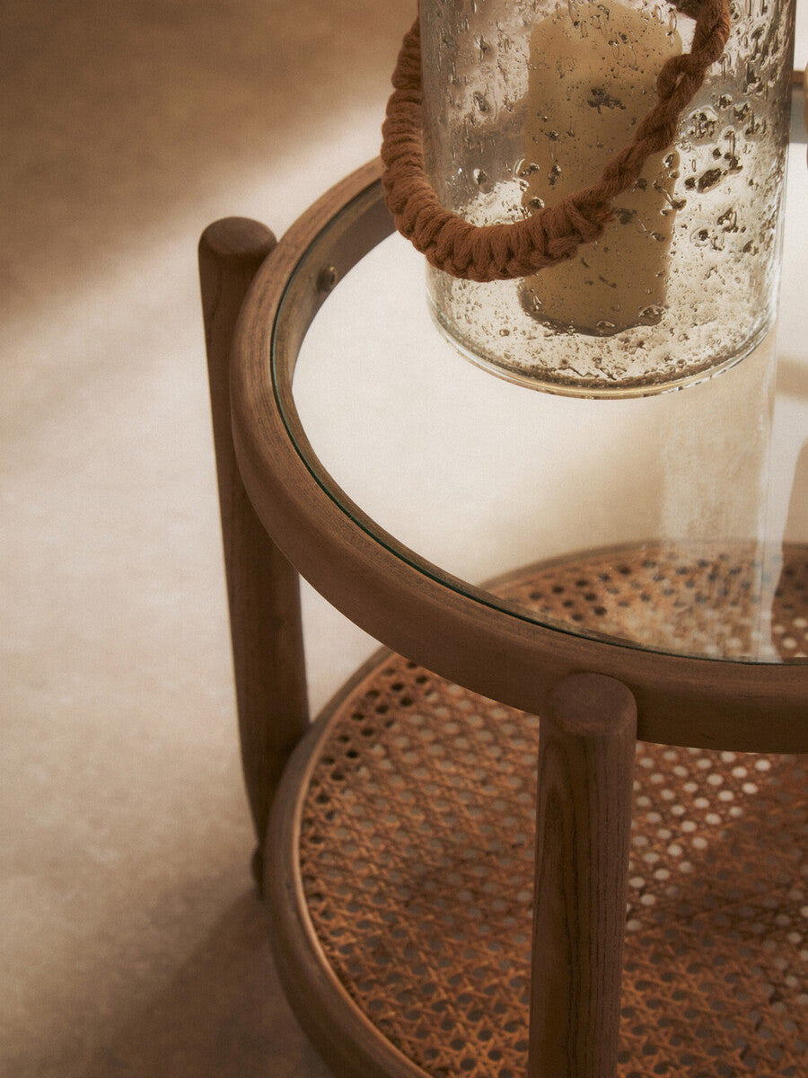 Grey Wash Elm Wood Side Table with Glass Top and Cane Shelf, Cebu