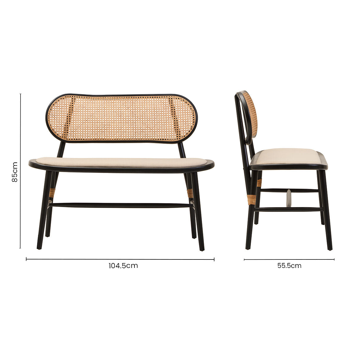 Cebu Natural Cane Bench with Black Elm Wood Frame