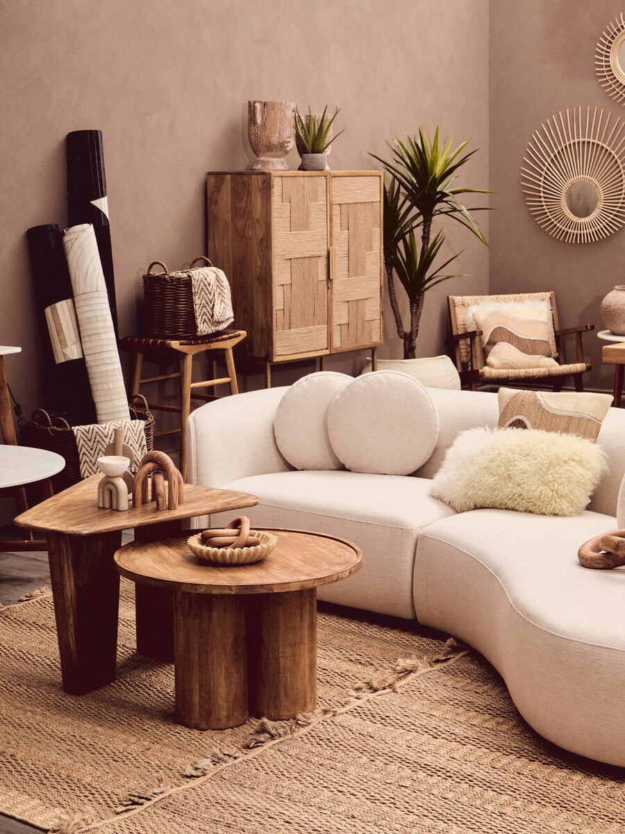 Natural Mango Wood Coffee Table with Column Base and Rounded Top, Walsa
