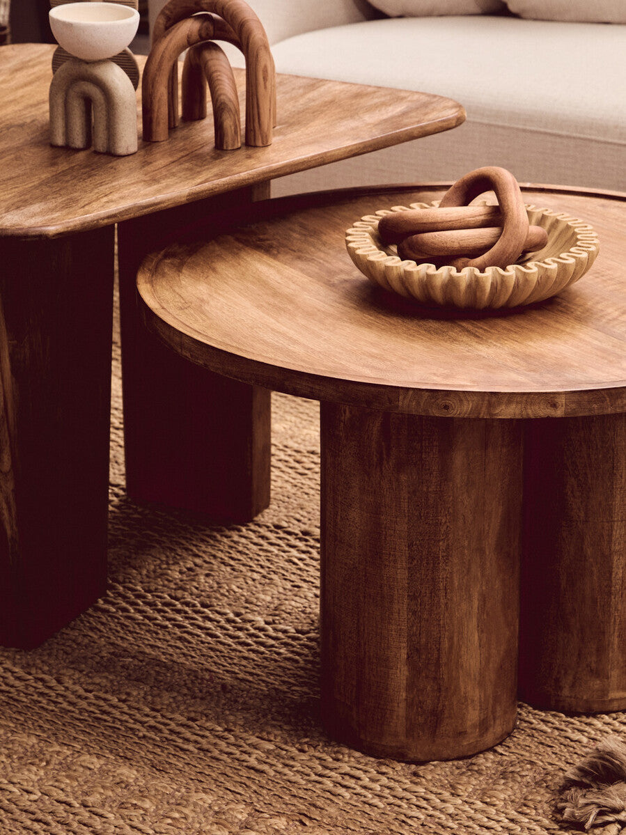 Natural Mango Wood Coffee Table with Column Base and Rounded Top, Walsa