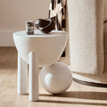 White Finish Mango Wood Round Side Table with Sphere and Semi-Cupped Legs | Walsa