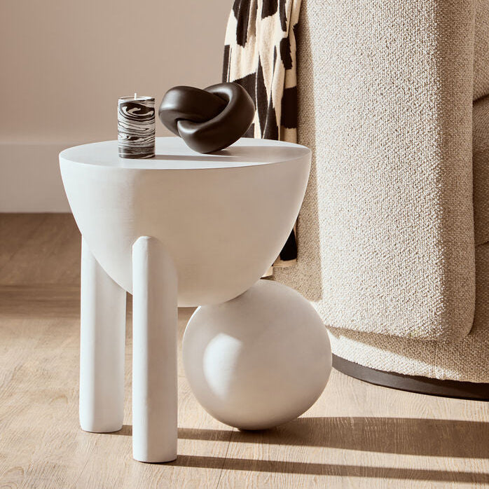 White Finish Mango Wood Round Side Table with Sphere and Semi-Cupped Legs, Walsa
