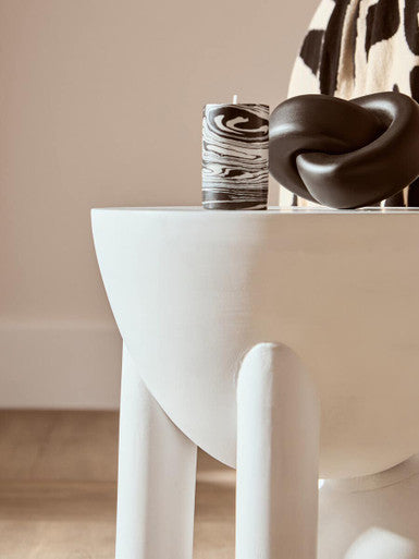White Finish Mango Wood Round Side Table with Sphere and Semi-Cupped Legs | Walsa