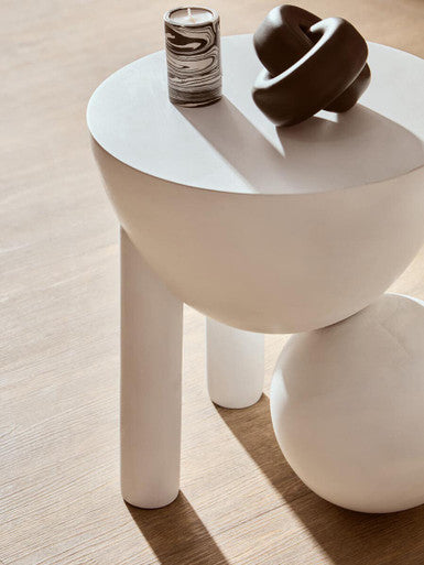 White Finish Mango Wood Round Side Table with Sphere and Semi-Cupped Legs, Walsa