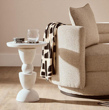 Whitewash Mango Wood Round Top Side Table with Sculptural Pedestal Base, Walsa